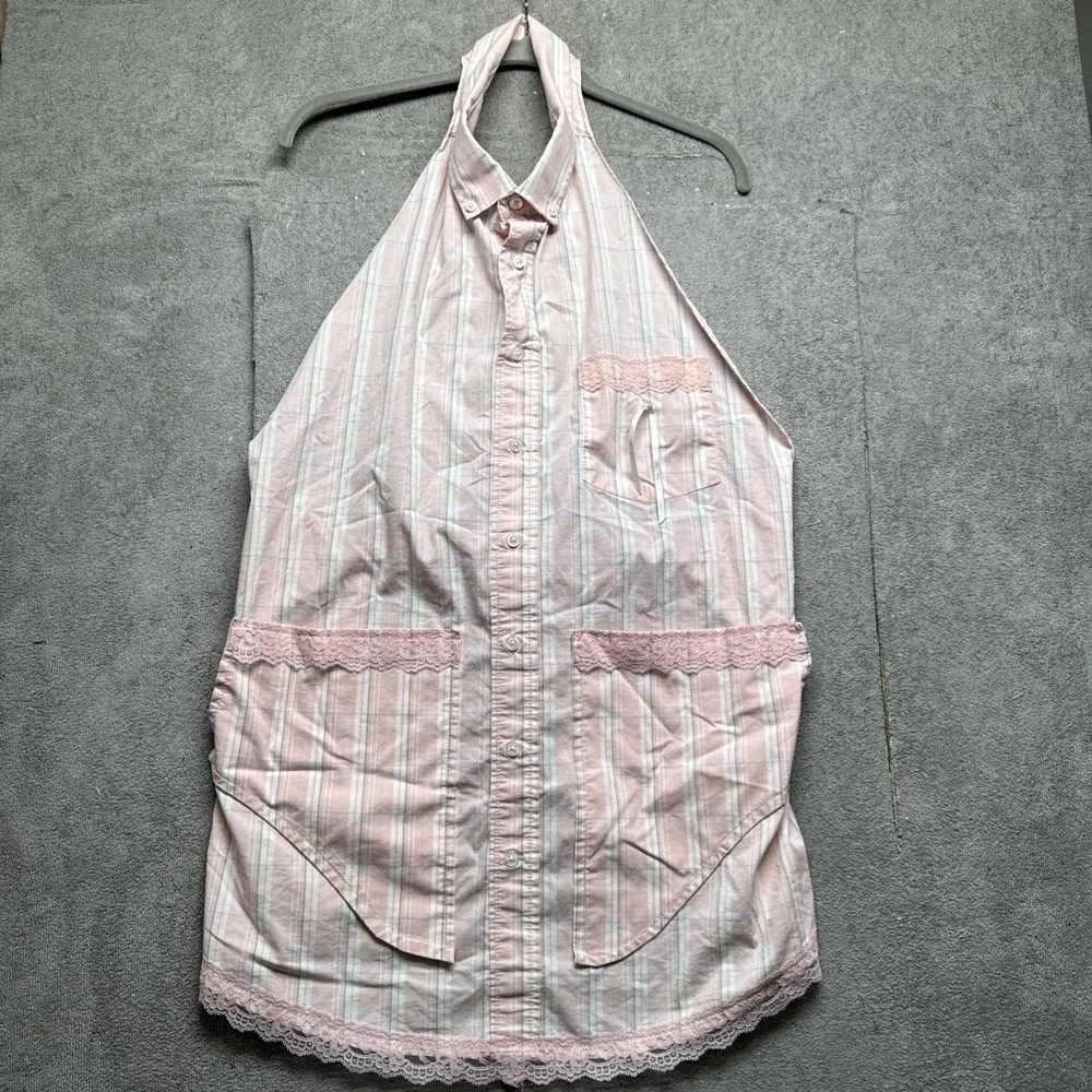 Pink Striped Button Front Halter Apron with Lace Trim‎ Cottagecore Retro Kitchen